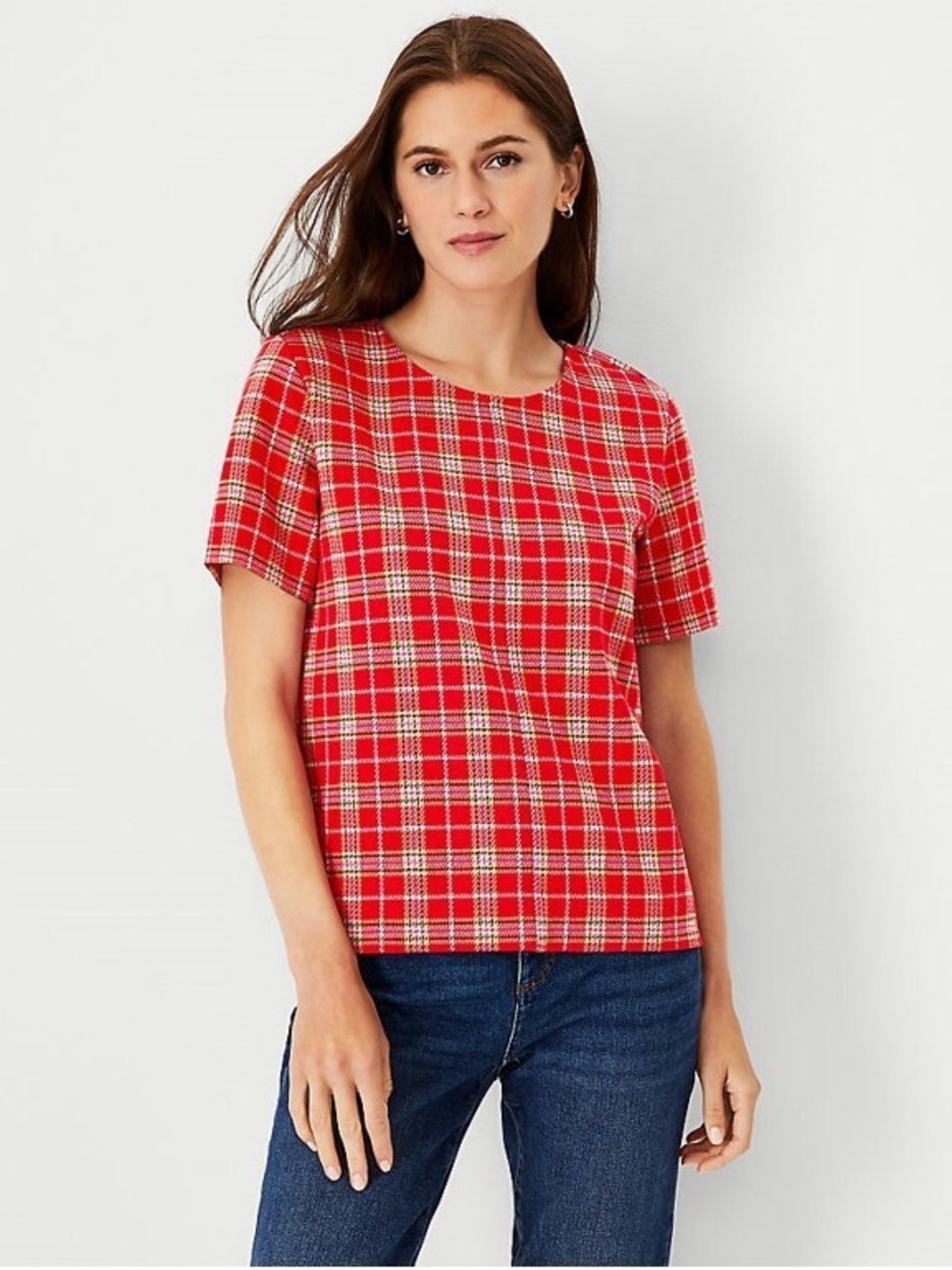 New Ann Taylor Red Plaid Knit Crew Neck Short Sleeve Blouse Top XS